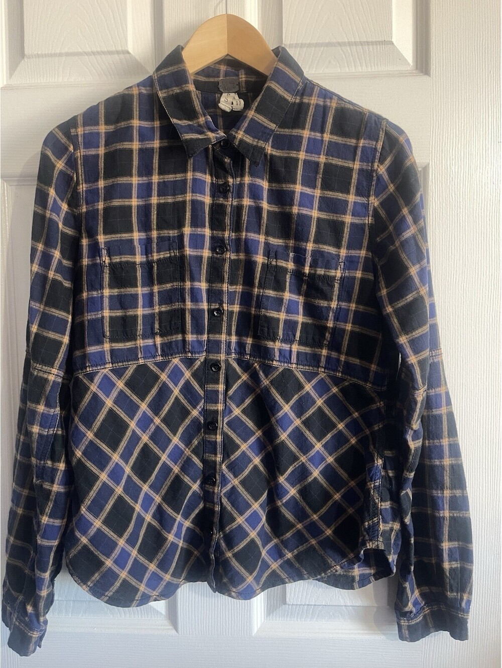 We The Free People S Plaid Shirt Button Lightweight Blue Black Tan Cotton Yellow